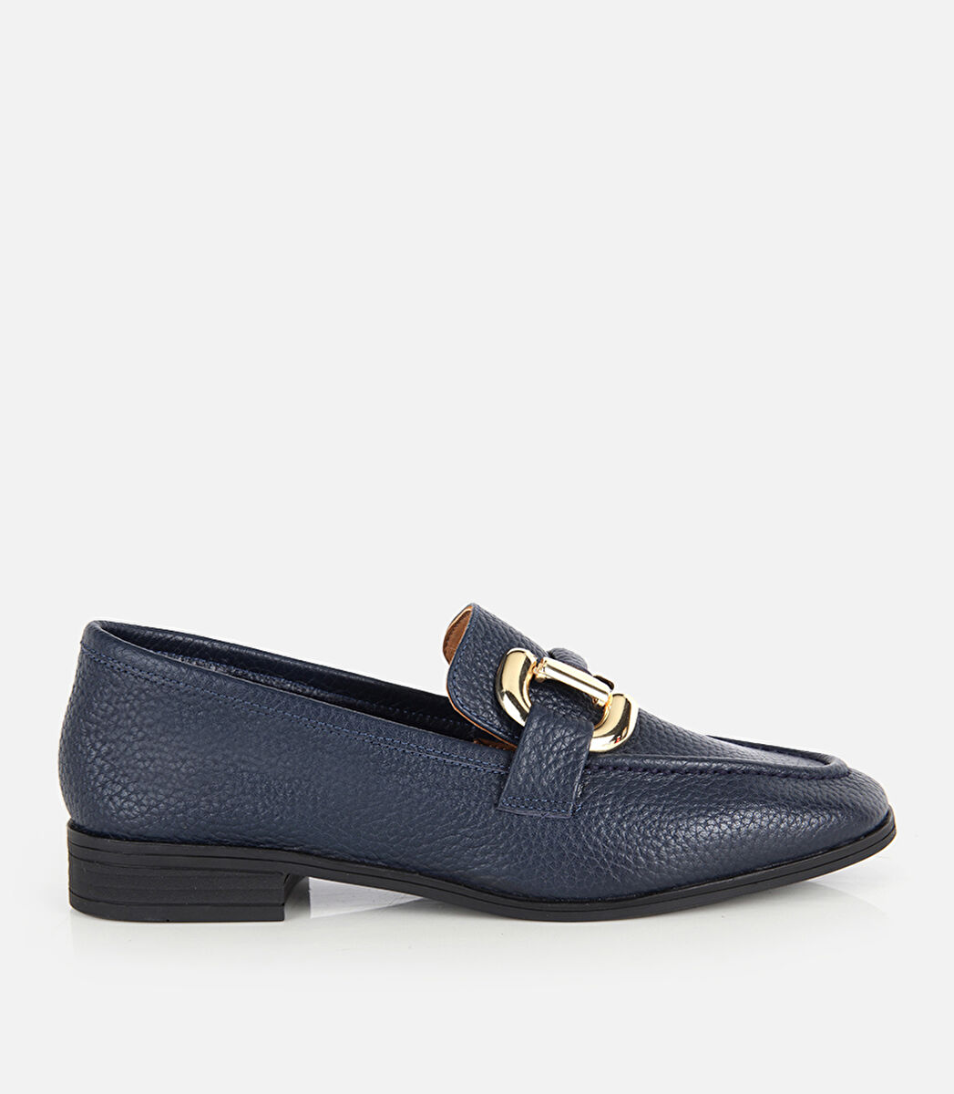 Kadın Deri Lacivert Gold Toka Detaylı Yumuşak Dokulu Topuklu Klasik Loafer
