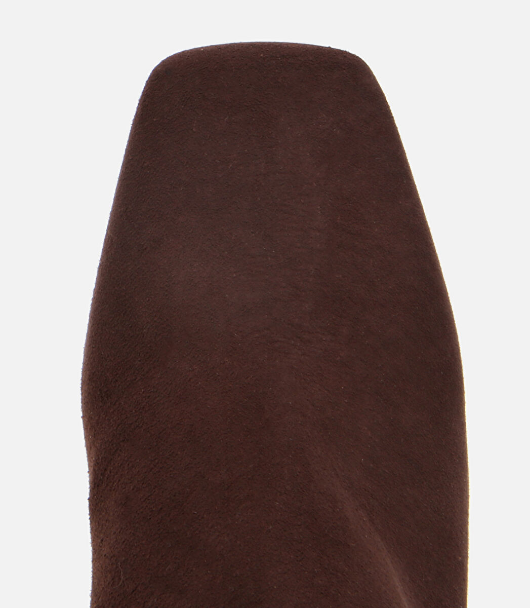 Kadın Süet Deri Kahverengi Tokalı Kare Uçlu Bilekte Topuklu Bot