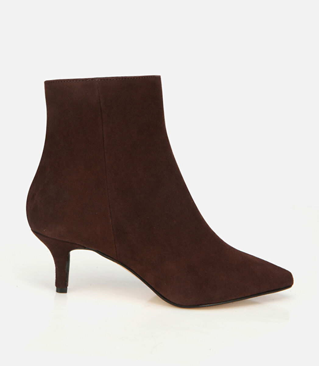 Kadın Süet Deri Kahverengi Sivri Burunlu Bilekte Topuklu Bot
