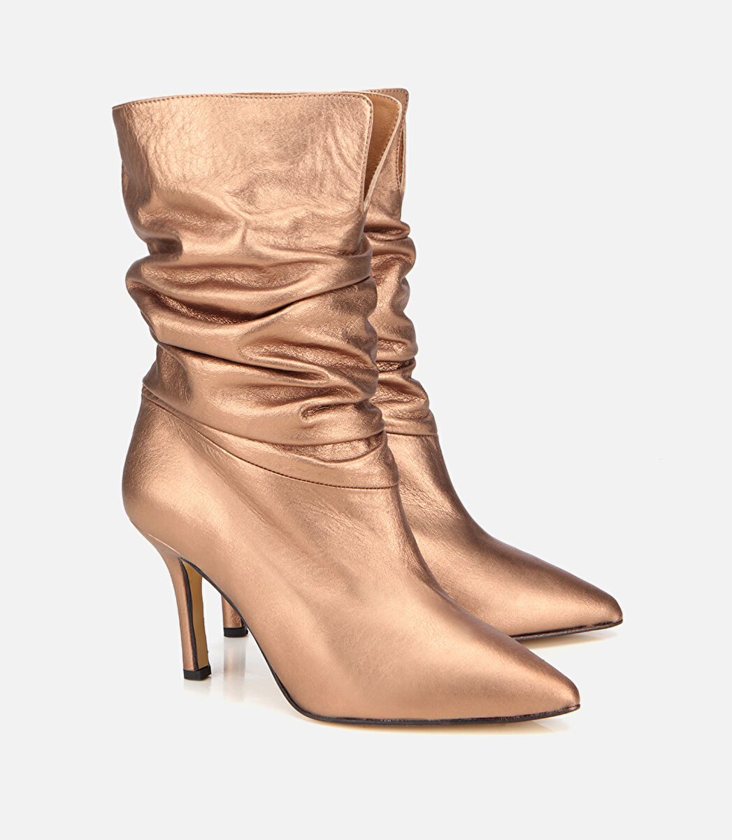 Kadın Deri Bronz Büzgülü Sivri Burunlu İnce Topuklu Bot