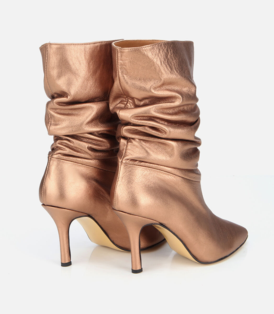 Kadın Deri Bronz Büzgülü Sivri Burunlu İnce Topuklu Bot