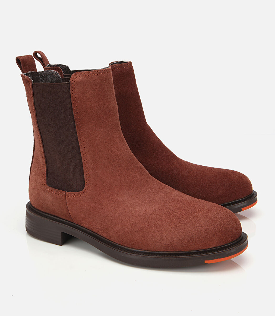 Kadın Süet Deri Taba Lastik Detaylı Düz Bot