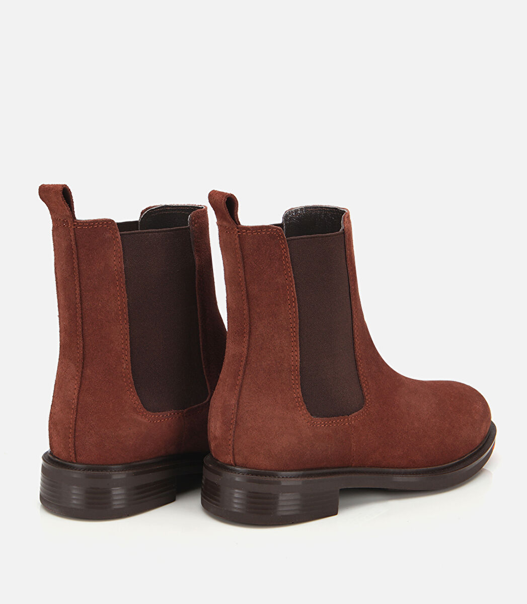 Kadın Süet Deri Taba Lastik Detaylı Düz Bot