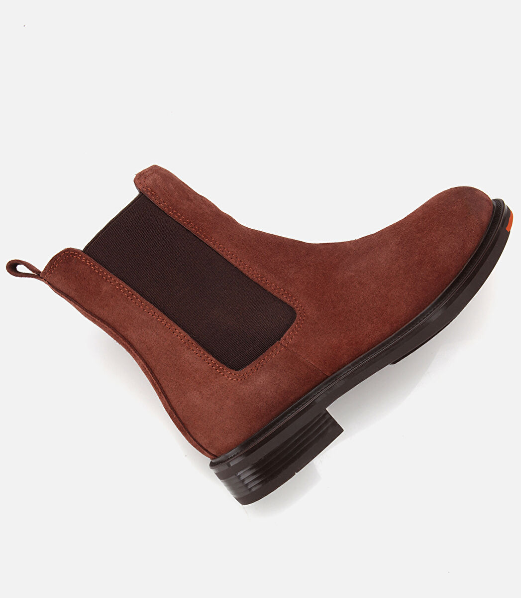 Kadın Süet Deri Taba Lastik Detaylı Düz Bot