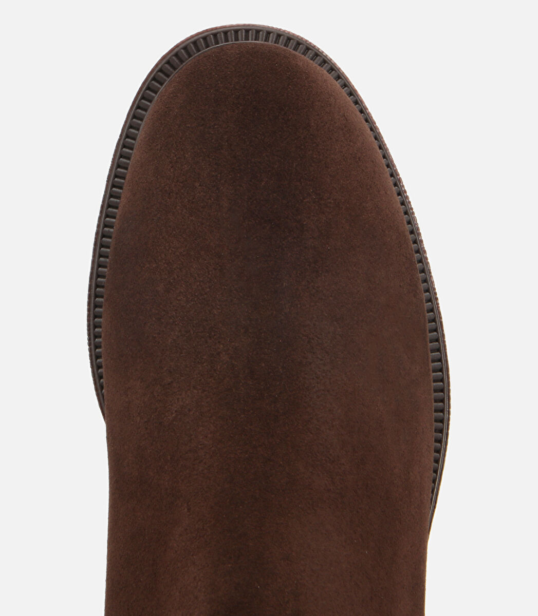 Kadın Süet Deri Kahverengi Lastik Detaylı Düz Bot