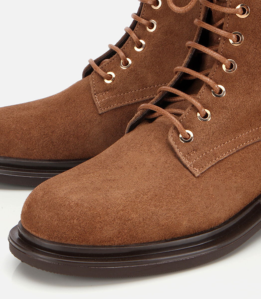 Kadın Süet Deri Taba Bağcık Detaylı Fermuarlı Düz Bot