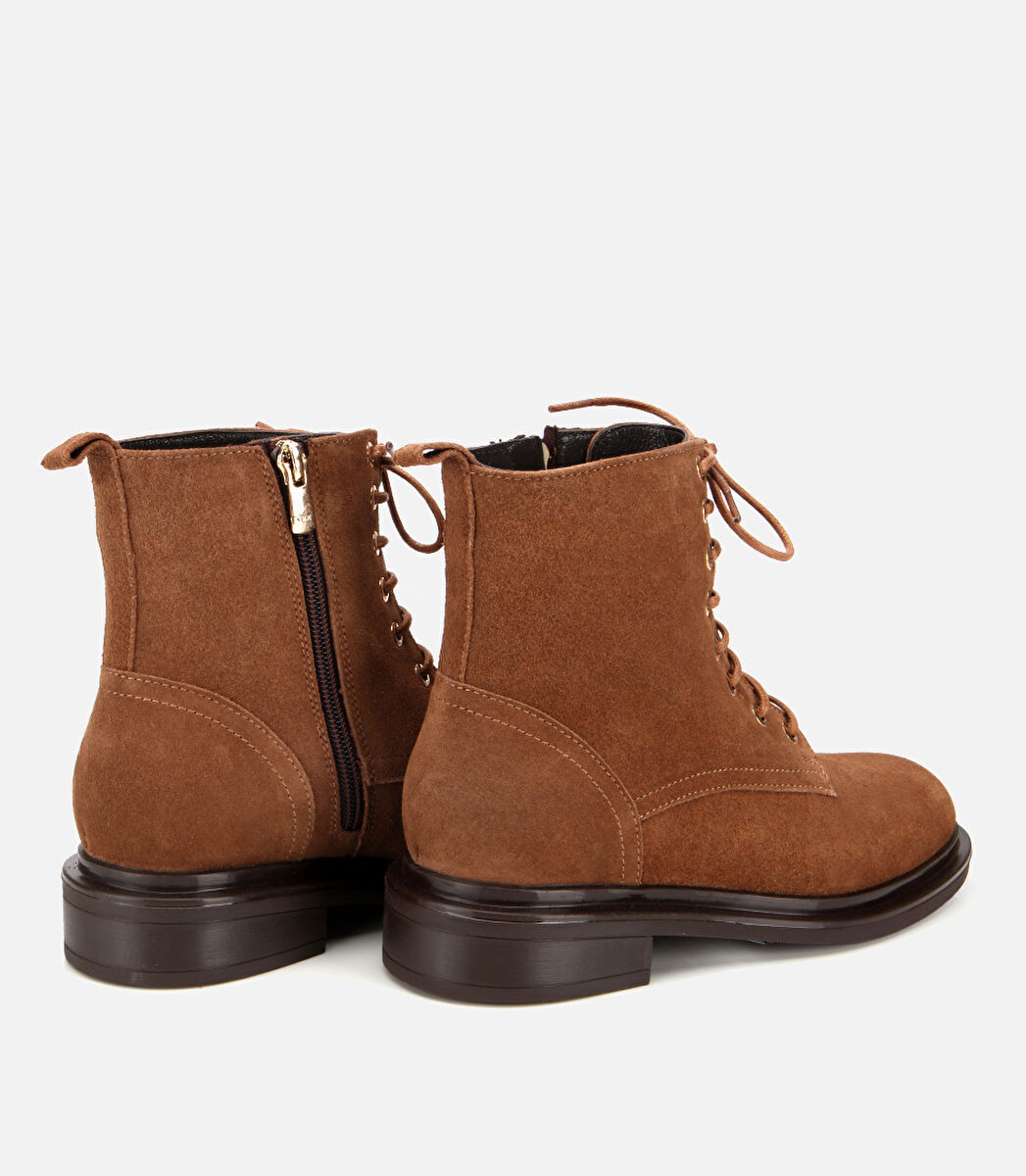 Kadın Süet Deri Taba Bağcık Detaylı Fermuarlı Düz Bot