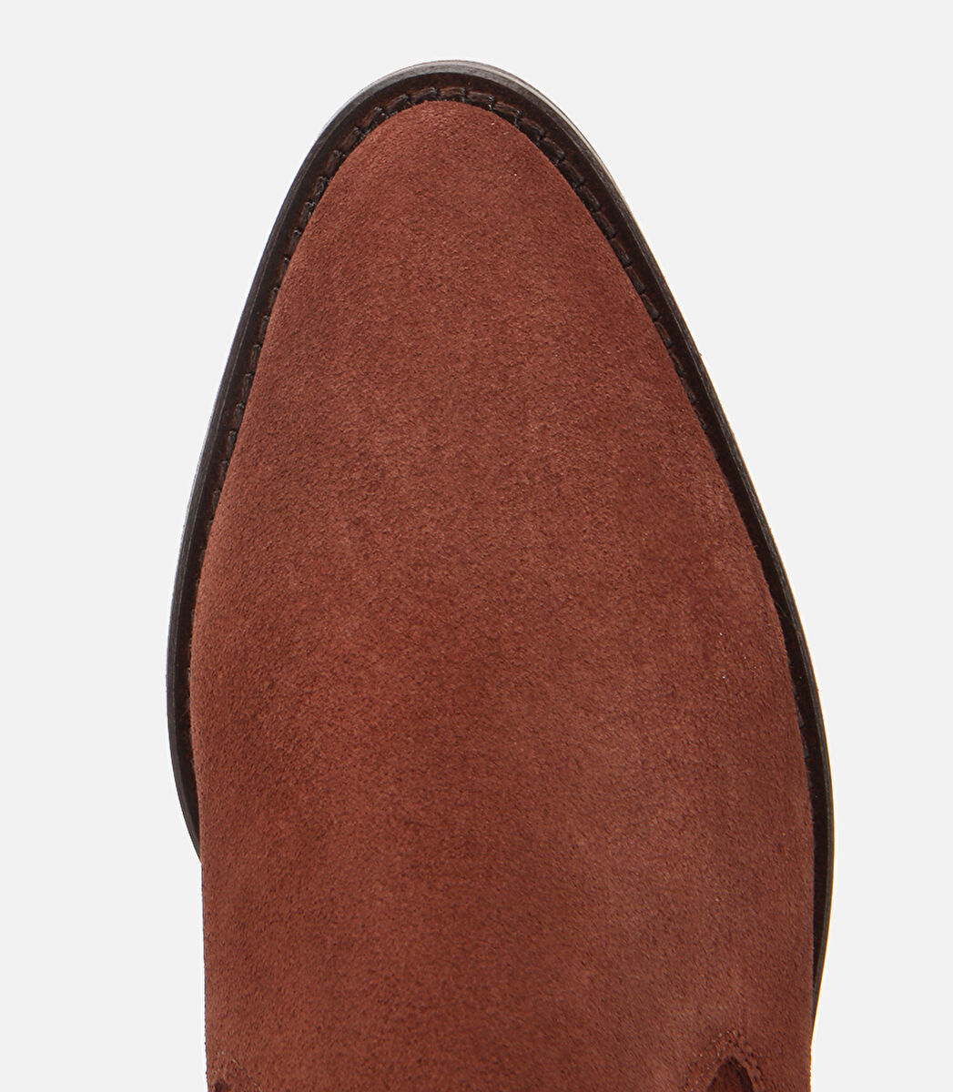 Kadın Süet Deri Taba Sivri Burunlu Lastik Detaylı Topuklu Bot