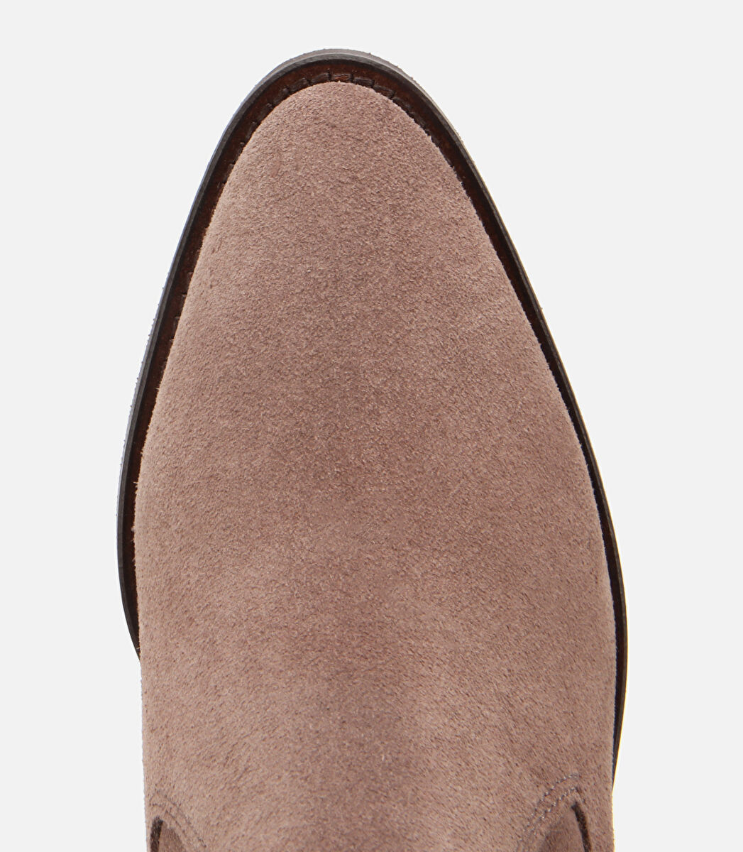 Kadın Süet Deri Vizon Sivri Burunlu Lastik Detaylı Topuklu Bot