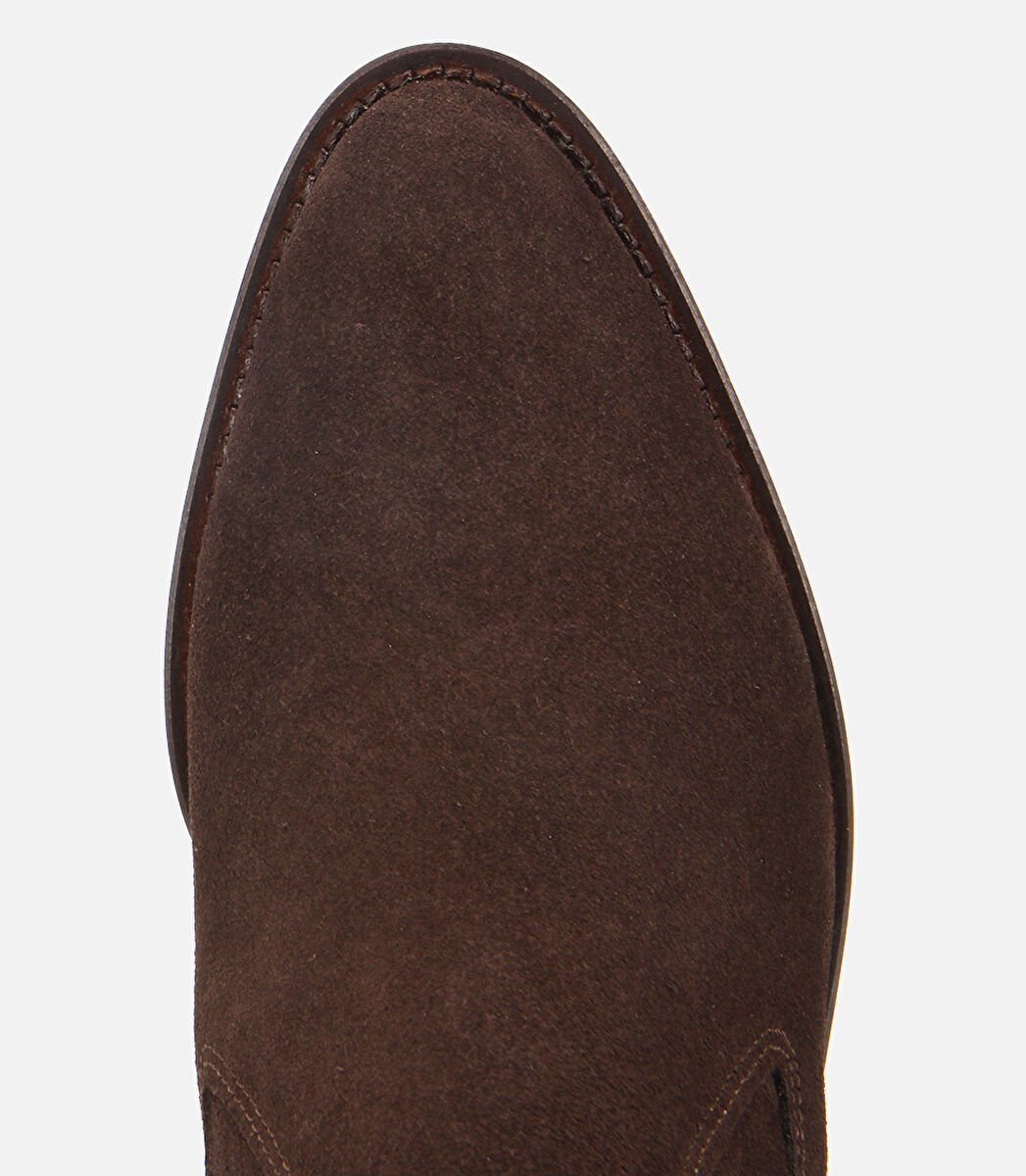 Kadın Süet Deri Kahverengi Sivri Burunlu Lastik Detaylı Topuklu Bot