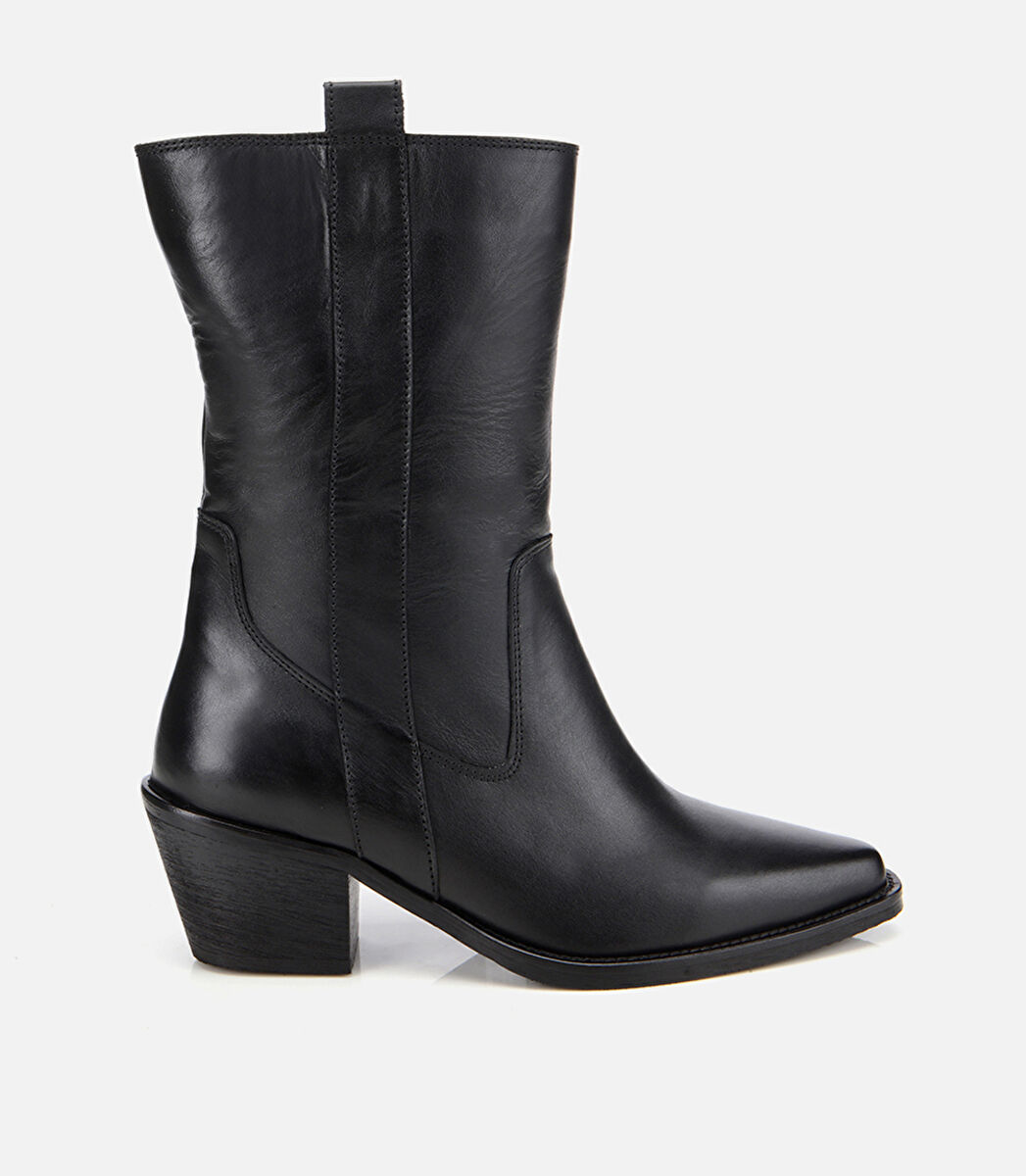 Kadın Deri Siyah Western Topuklu Bot
