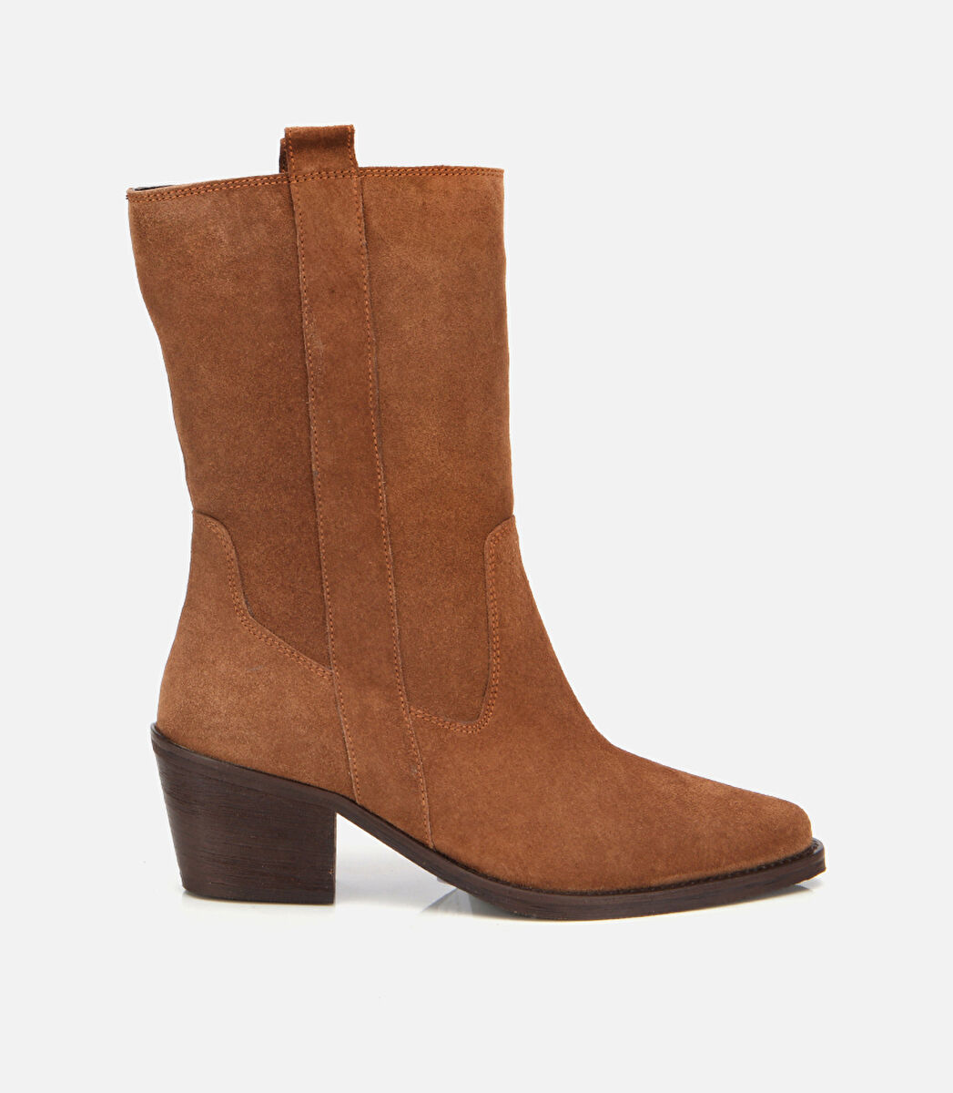 Kadın Süet Deri Taba Western Kovboy Topuklu Bot