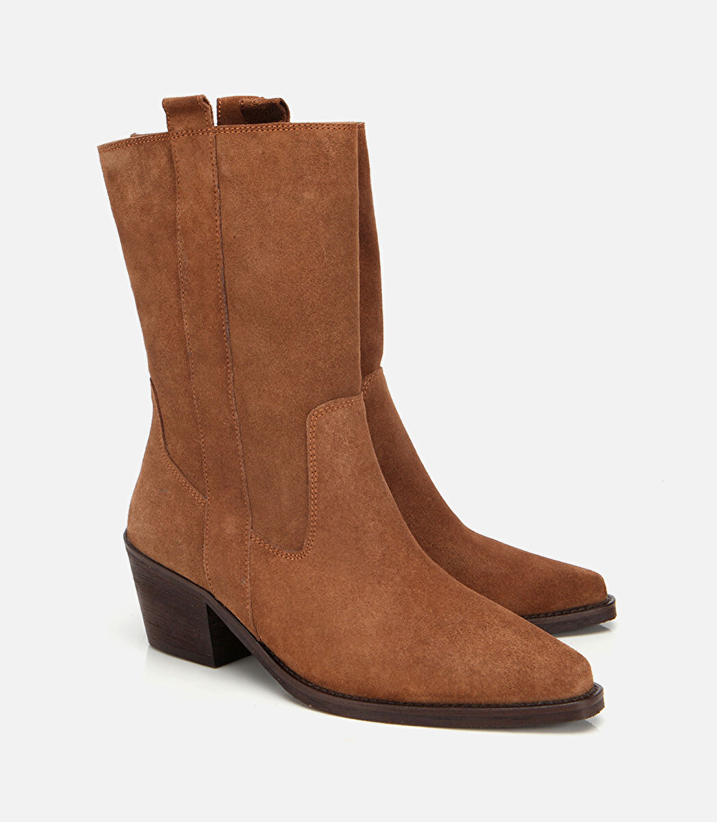 Kadın Süet Deri Taba Western Kovboy Topuklu Bot