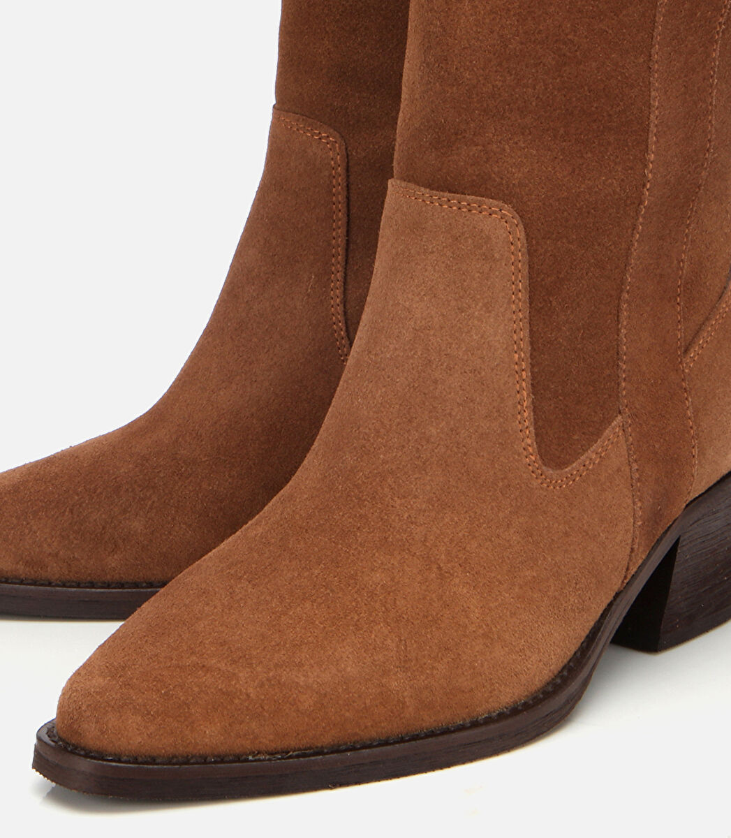 Kadın Süet Deri Taba Western Kovboy Topuklu Bot