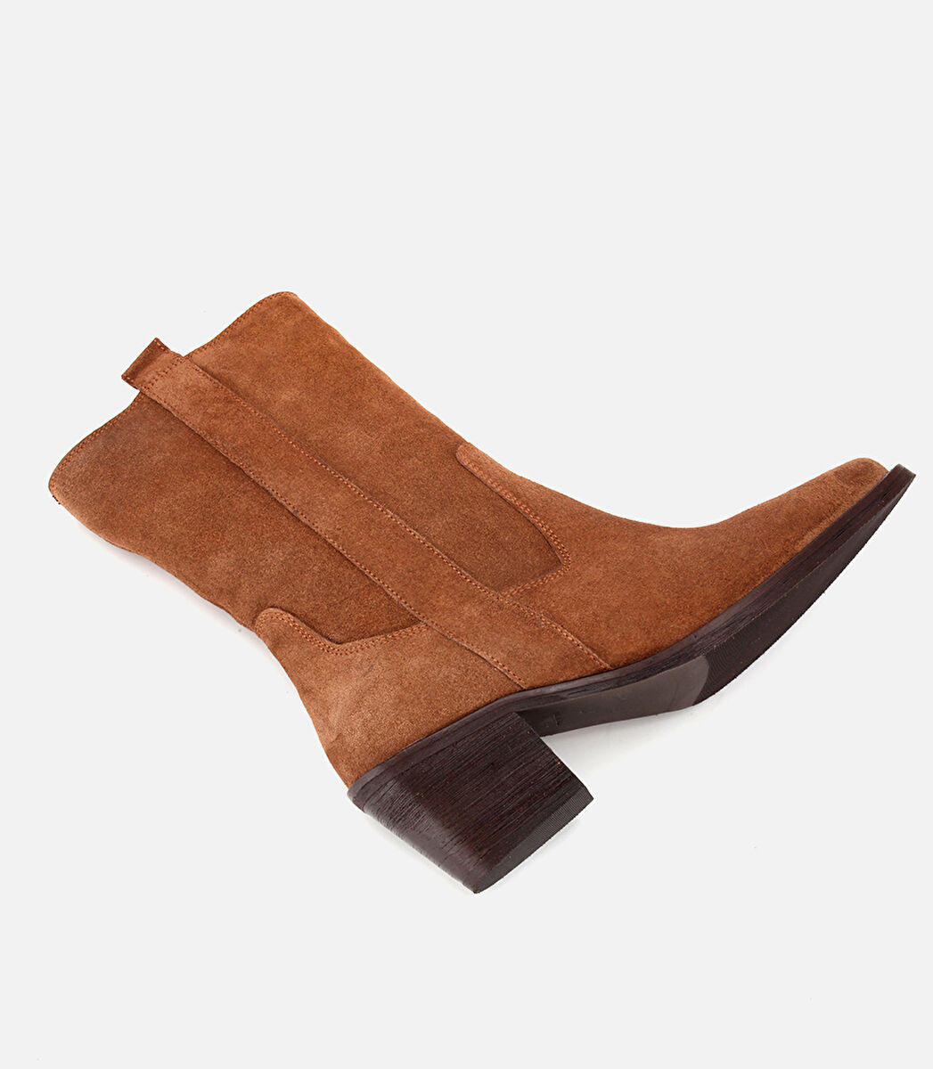 Kadın Süet Deri Taba Western Kovboy Topuklu Bot