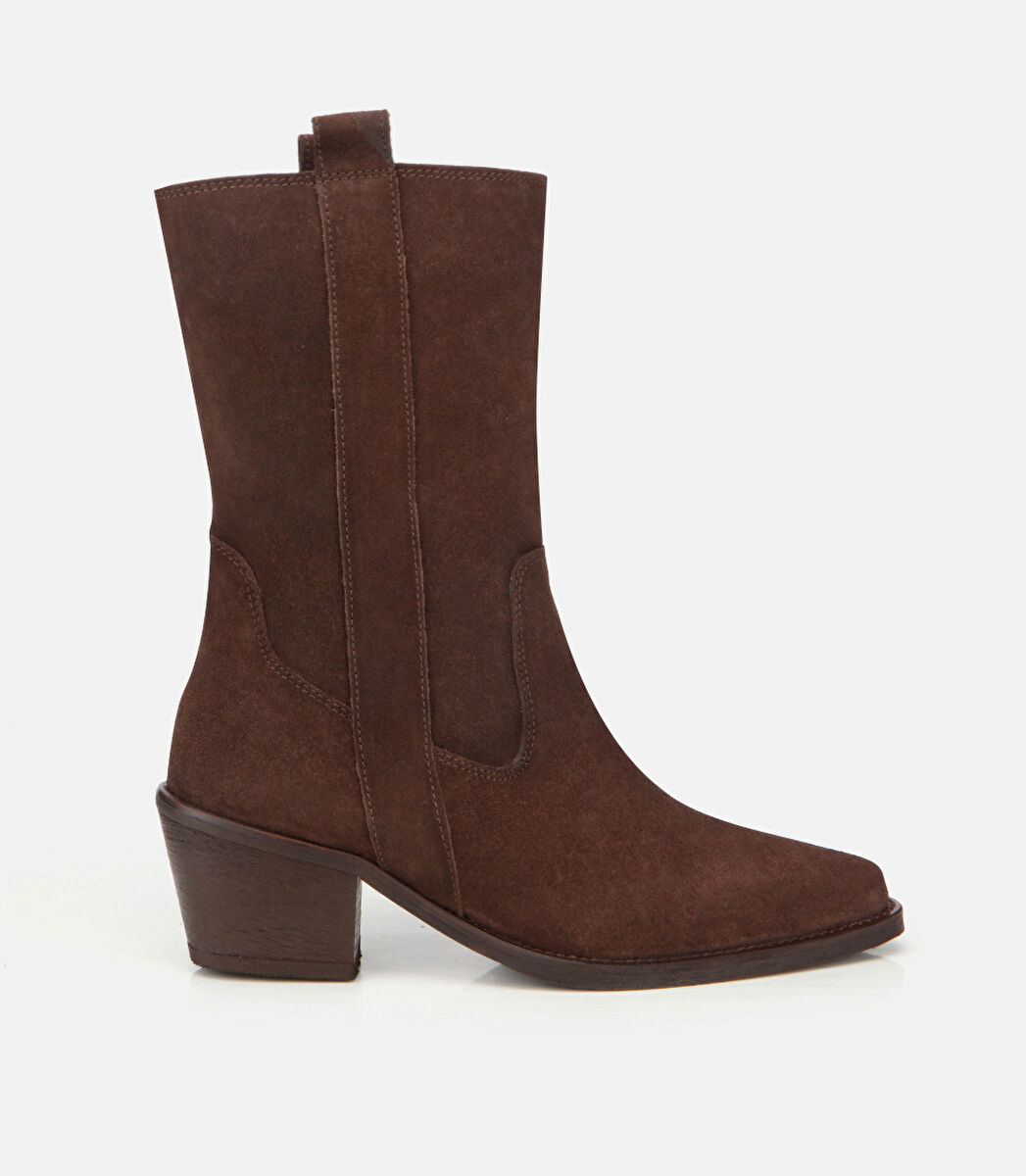 Kadın Süet Deri Kahverengi Western Kovboy Topuklu Bot