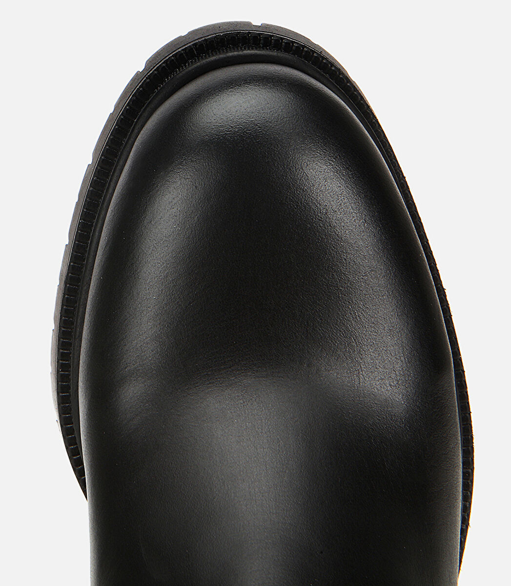 Kadın Deri Siyah Lastik Detaylı Kalın Topuklu Bot