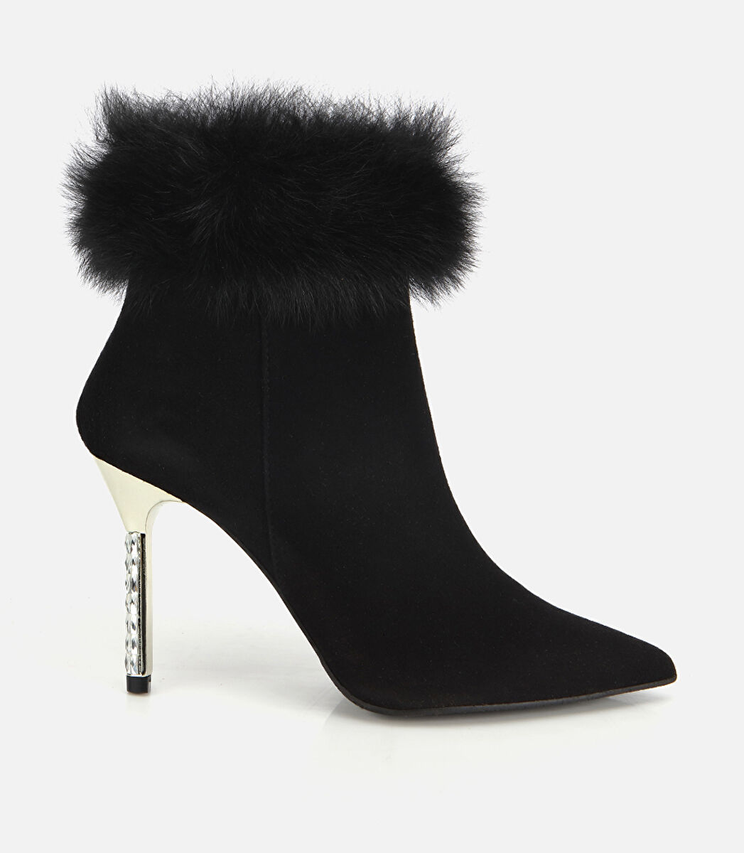 Kadın Süet Deri Tüy Detaylı İnce Topuklu Bot