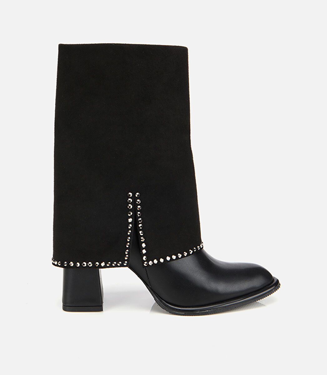 Kadın Siyah Pantolon Görünümlü Zımbalı Kalın Topuklu Bot