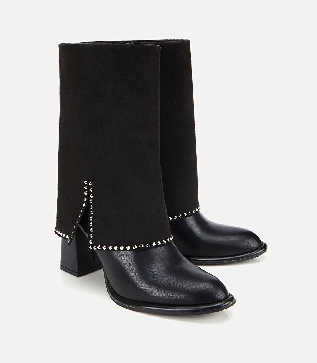 Kadın Siyah Pantolon Görünümlü Zımbalı Kalın Topuklu Bot