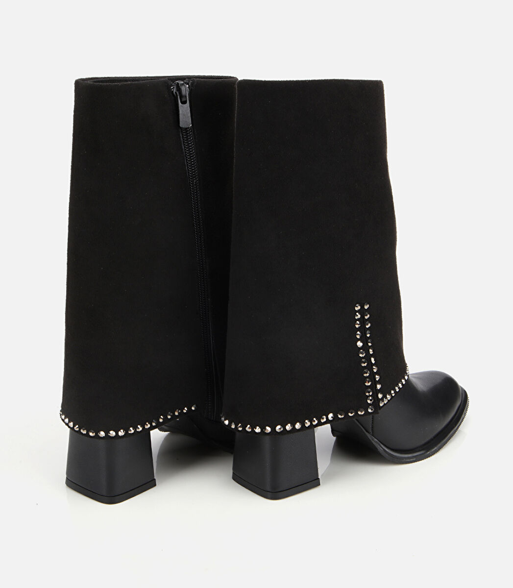 Kadın Siyah Pantolon Görünümlü Zımbalı Kalın Topuklu Bot