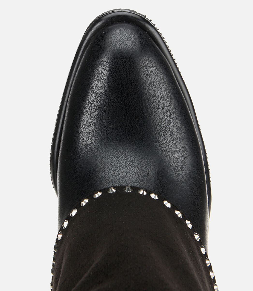 Kadın Siyah Pantolon Görünümlü Zımbalı Kalın Topuklu Bot