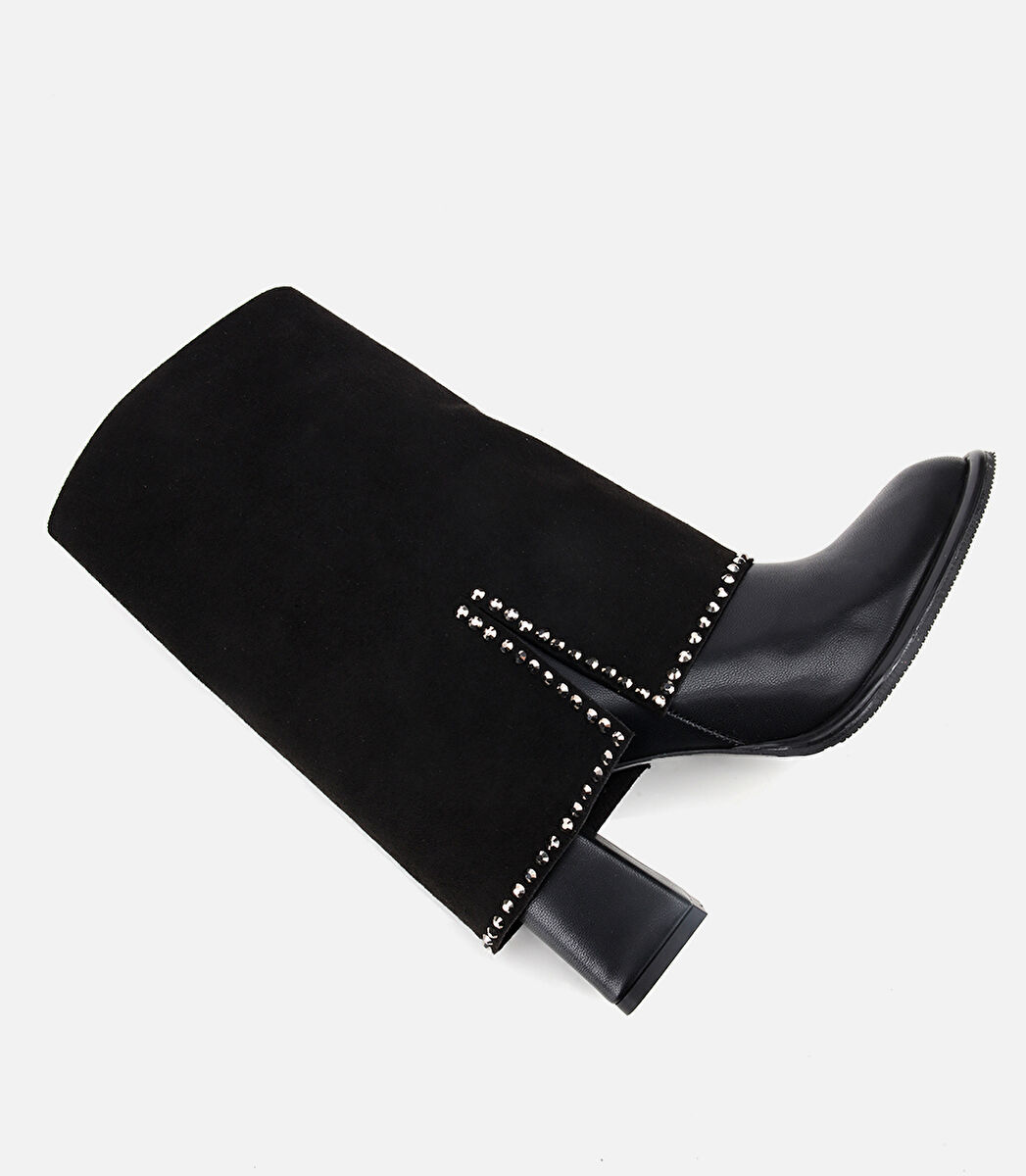 Kadın Siyah Pantolon Görünümlü Zımbalı Kalın Topuklu Bot