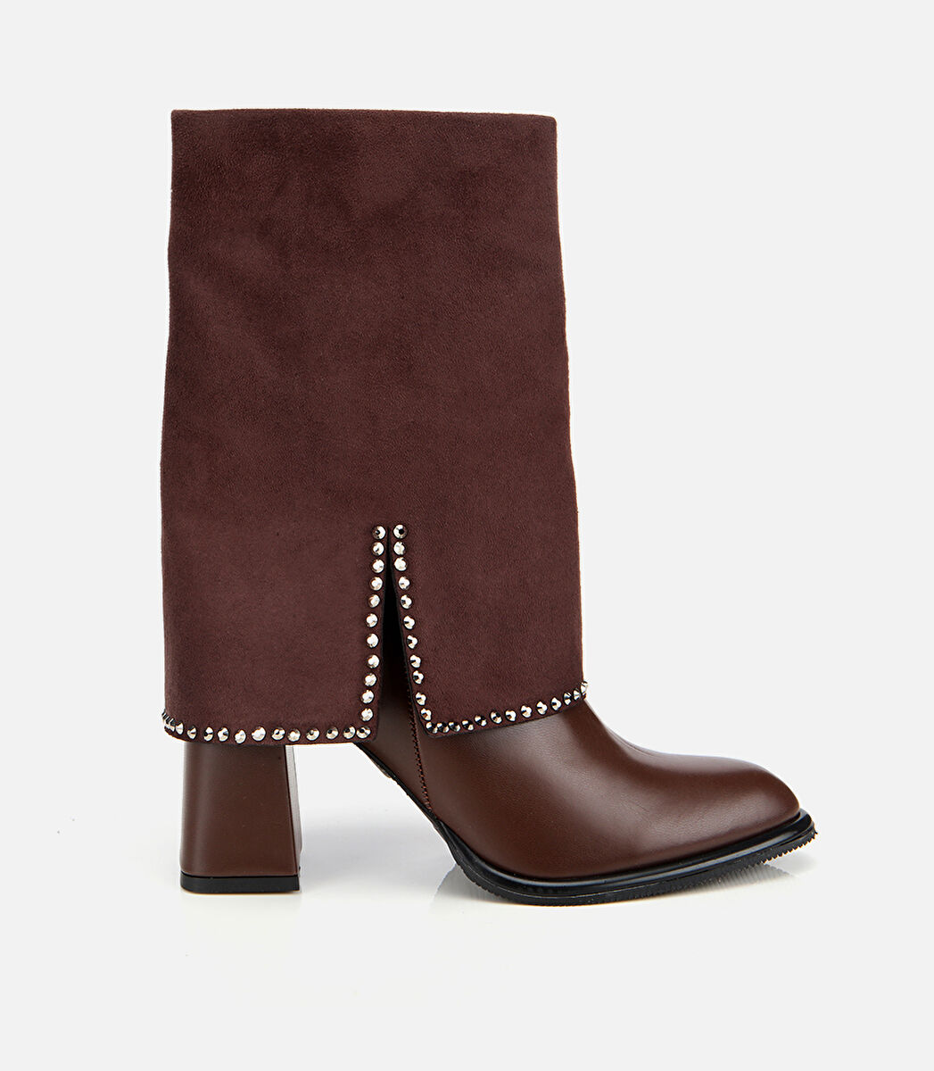 Kadın Kahverengi Pantolon Görünümlü Zımbalı Kalın Topuklu Bot