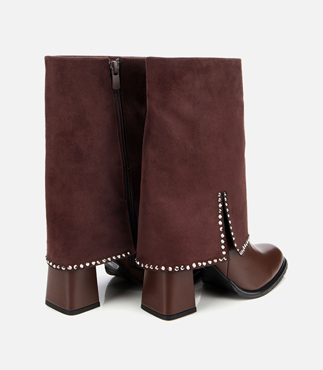 Kadın Kahverengi Pantolon Görünümlü Zımbalı Kalın Topuklu Bot