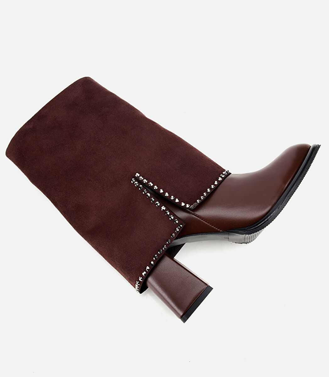 Kadın Kahverengi Pantolon Görünümlü Zımbalı Kalın Topuklu Bot