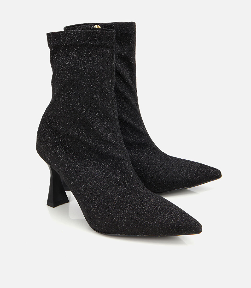 Kadın Siyah Simli Streç Fermuarlı Bilekte İnce Topuklu Bot