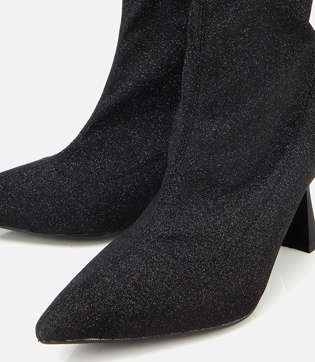 Kadın Siyah Simli Streç Fermuarlı Bilekte İnce Topuklu Bot