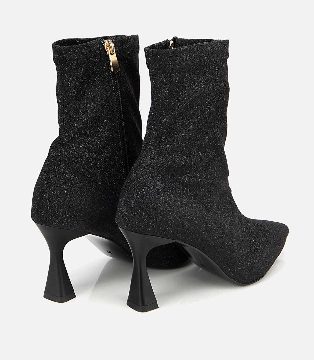 Kadın Siyah Simli Streç Fermuarlı Bilekte İnce Topuklu Bot