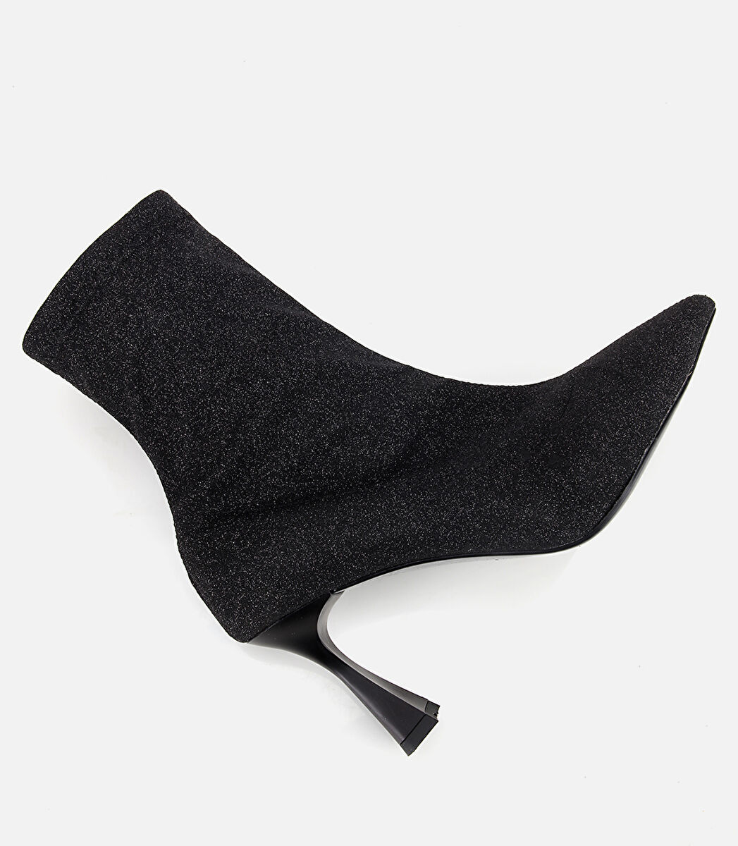 Kadın Siyah Simli Streç Fermuarlı Bilekte İnce Topuklu Bot