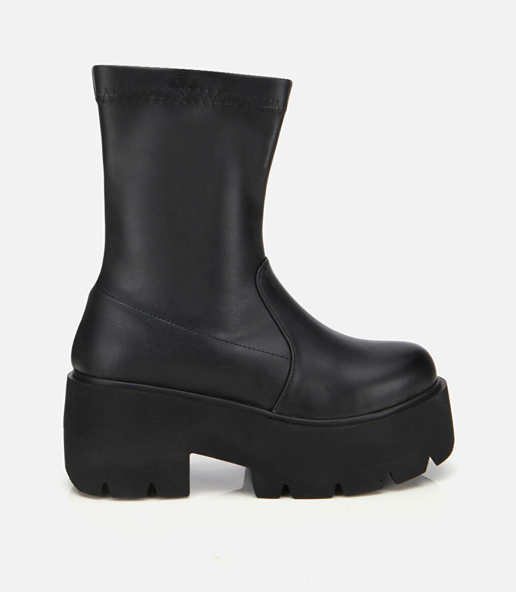 Kadın Siyah Streç Kalın Tabanlı Yüksek Topuklu Bot