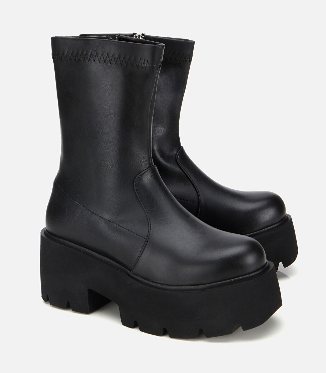 Kadın Siyah Streç Kalın Tabanlı Yüksek Topuklu Bot