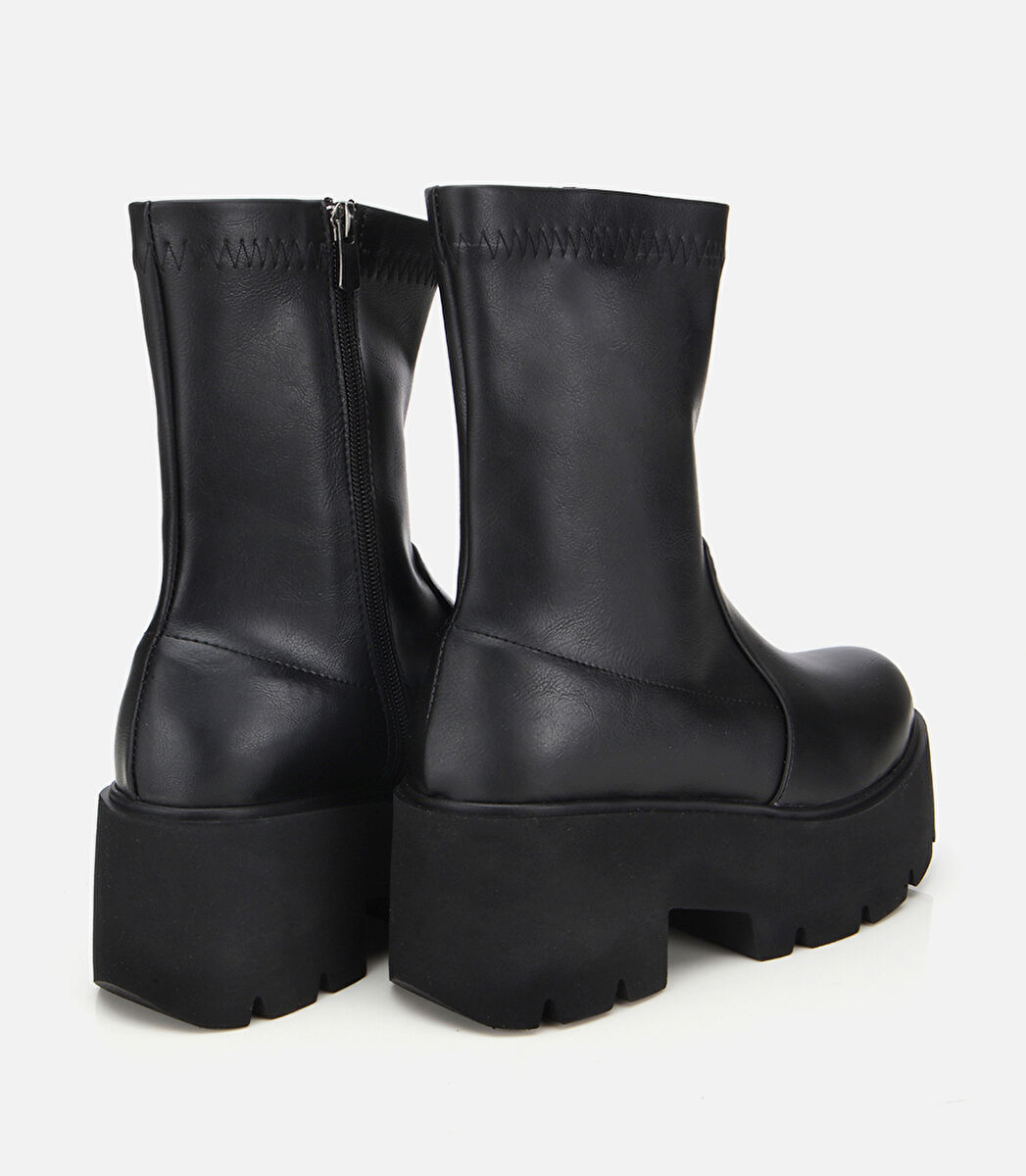 Kadın Siyah Streç Kalın Tabanlı Yüksek Topuklu Bot