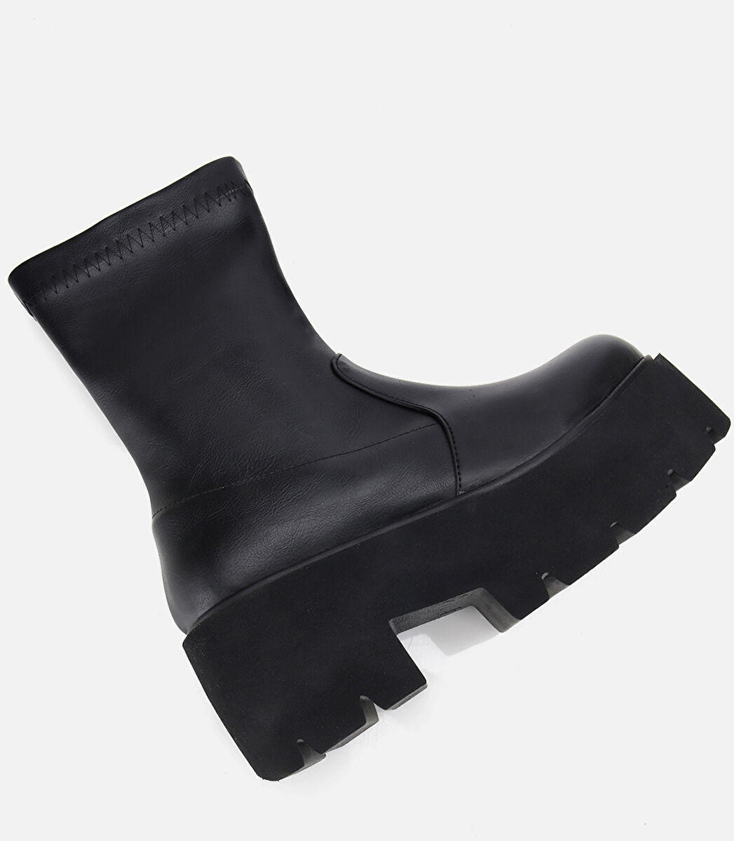 Kadın Siyah Streç Kalın Tabanlı Yüksek Topuklu Bot