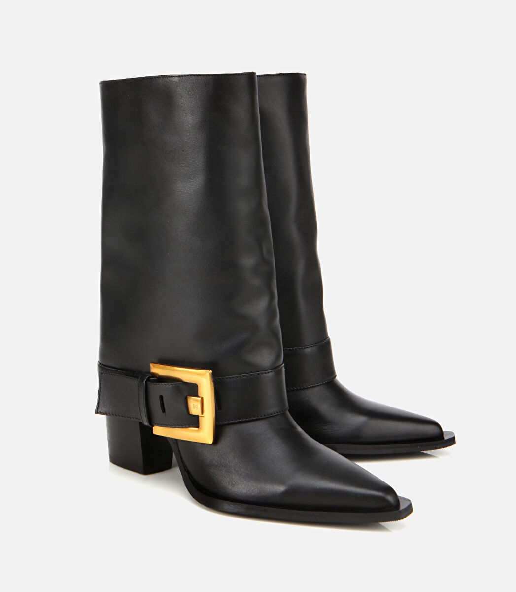 Kadın Deri Siyah Pantolon Görünümlü Gold Tokalı Kalın Topuklu Bot