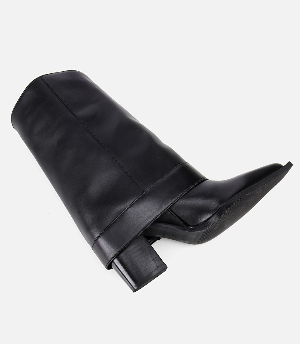 Kadın Deri Siyah Pantolon Görünümlü Gold Tokalı Kalın Topuklu Bot