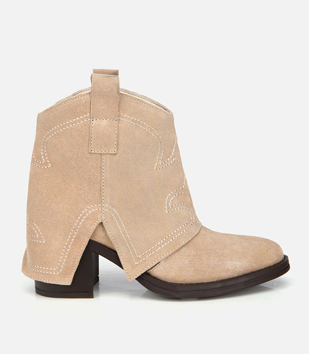 Kadın Süet Deri Bej Dikiş Detaylı Kovboy /Western Topuklu Bot