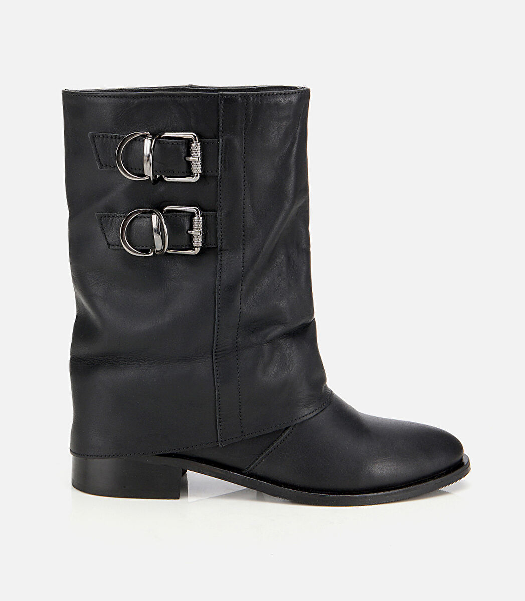 Kadın Deri Siyah Tokalı Kırışık Görünümlü Kovboy/Western Düz Bot