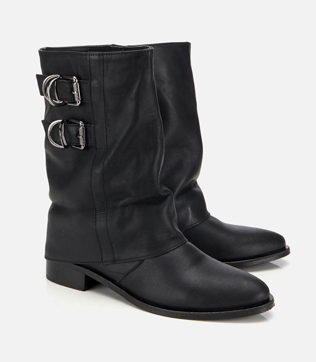 Kadın Deri Siyah Tokalı Kırışık Görünümlü Kovboy/Western Düz Bot