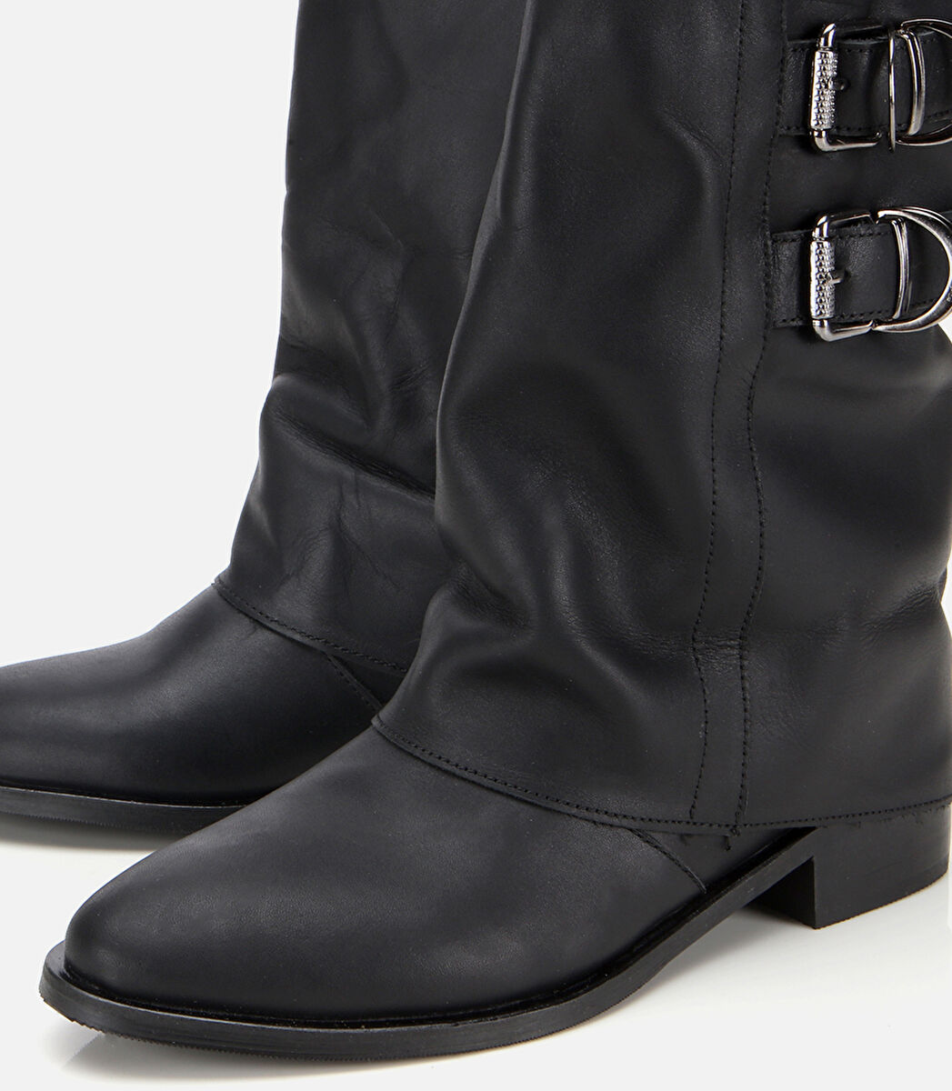 Kadın Deri Siyah Tokalı Kırışık Görünümlü Kovboy/Western Düz Bot