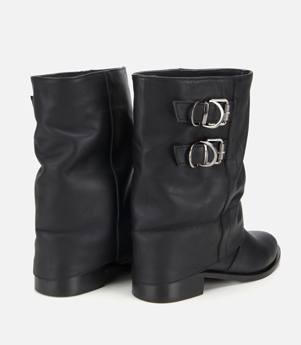 Kadın Deri Siyah Tokalı Kırışık Görünümlü Kovboy/Western Düz Bot