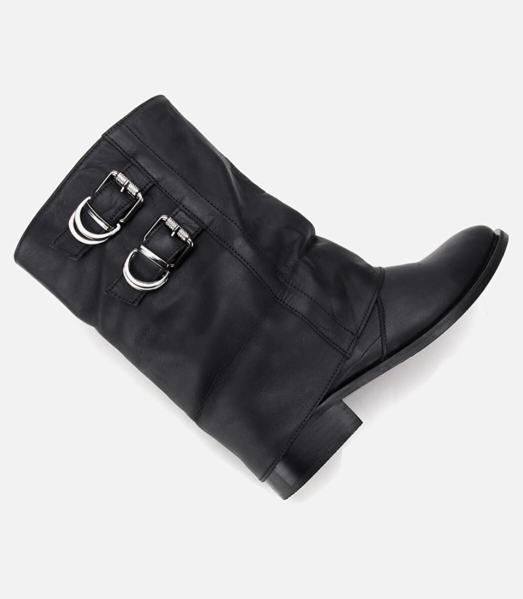 Kadın Deri Siyah Tokalı Kırışık Görünümlü Kovboy/Western Düz Bot