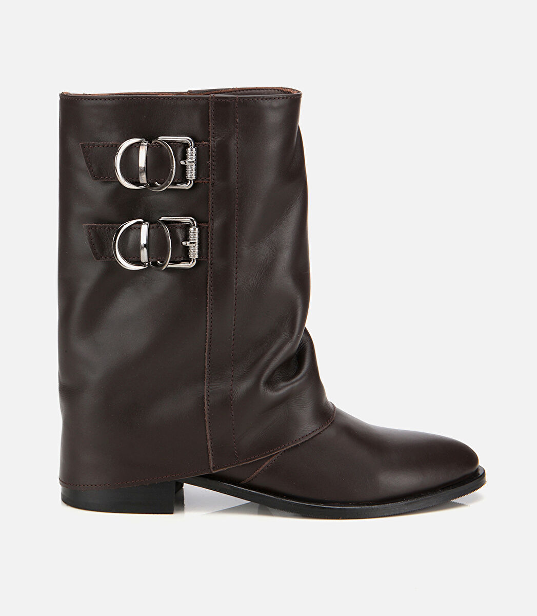 Kadın Deri Kahverengi Tokalı Kırışık Görünümlü Kovboy/Western Düz Bot