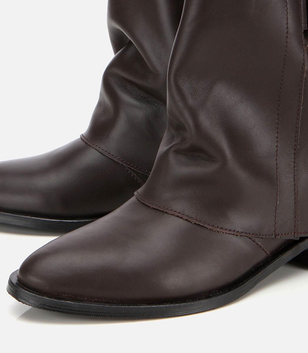 Kadın Deri Kahverengi Tokalı Kırışık Görünümlü Kovboy/Western Düz Bot