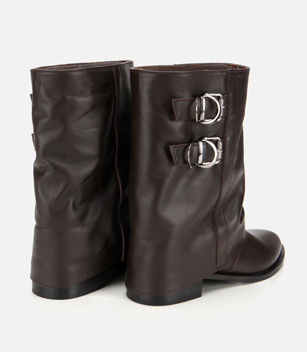 Kadın Deri Kahverengi Tokalı Kırışık Görünümlü Kovboy/Western Düz Bot