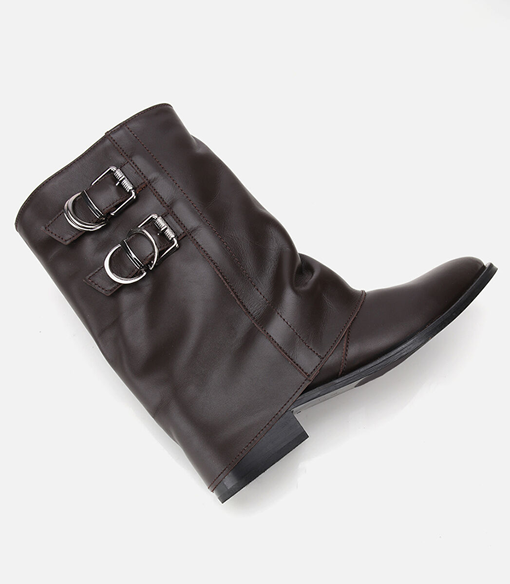 Kadın Deri Kahverengi Tokalı Kırışık Görünümlü Kovboy/Western Düz Bot